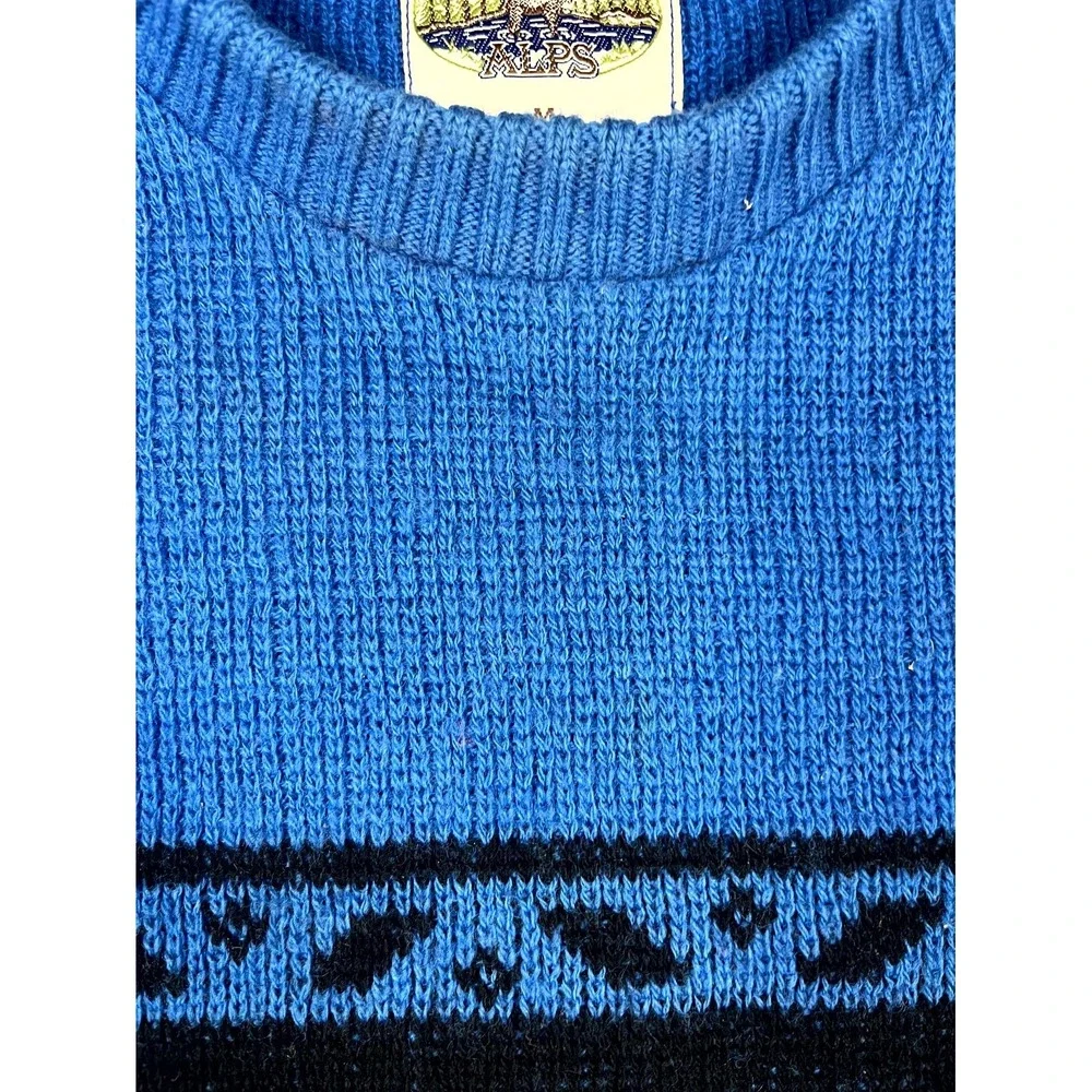 Vintage 80s ALPS Sweater Mens Medium Blue Black Wool Moose Reindeer Ski Nordic